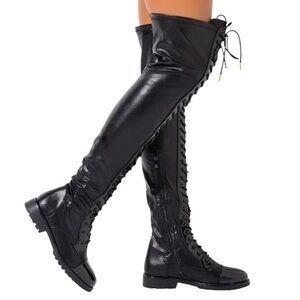 Azalea Wang thigh high Black stretch Faux Patent Lace Up Over Knee combat Boots